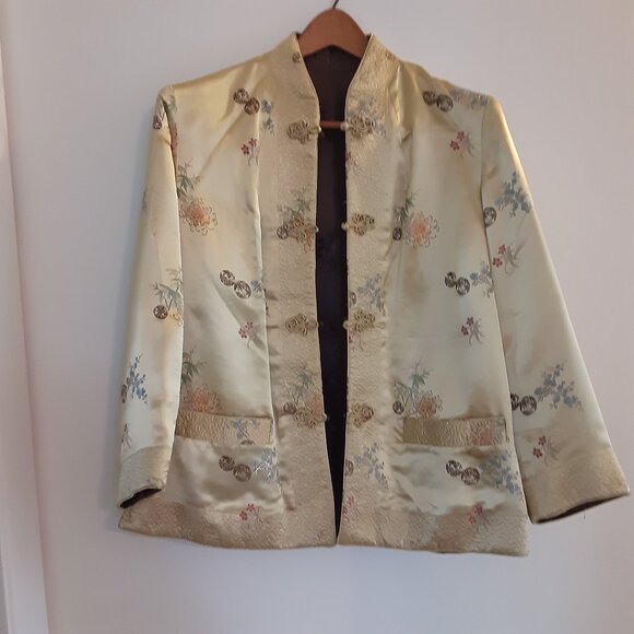 Peony Brand Satin Brocade Reversible Chinese Jacket Gold/Black Frog Closures XL - Picture 1 of 7